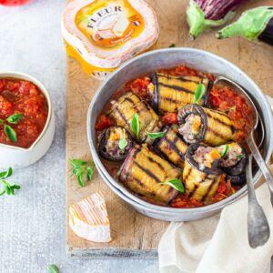 Aubergine cannelloni with meat and Fleur des Sources