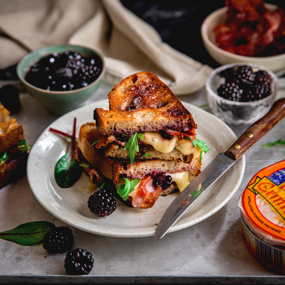 Grilled Munster cheese, bacon and blackberry jam