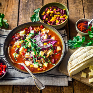 Chili con Carne-Suppe mit Tartiflette-Käse