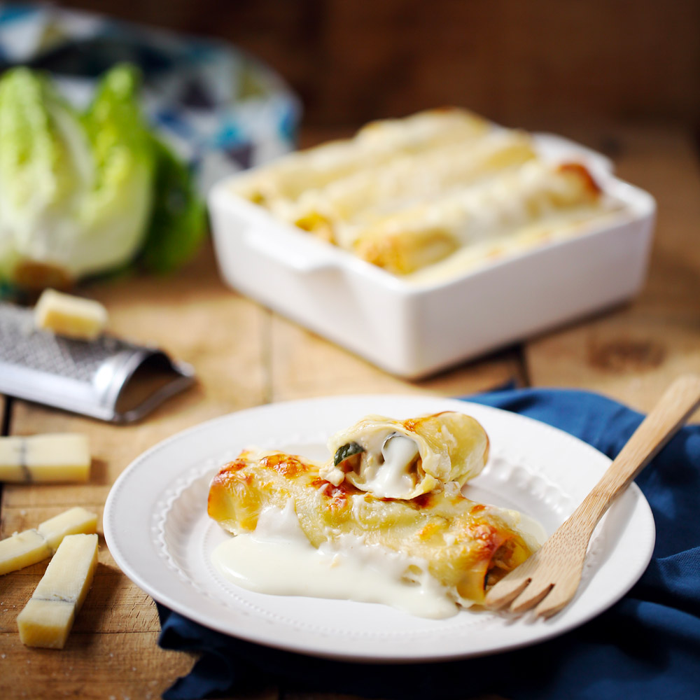 Cannelloni de courgettes et poulet, sauce au Morbier