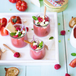 Tomato and raspberry gazpacho with camembert