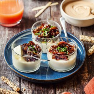 Pannacotta with tartiflette cheese and caramelised onions