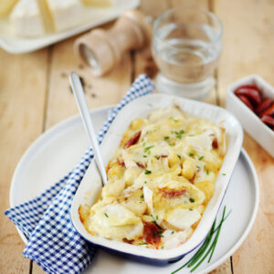 Tartiflette with cod and chorizo